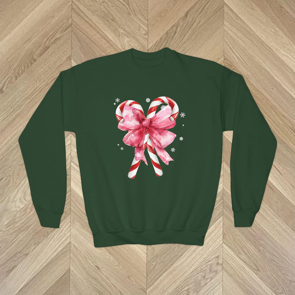 Youth crewneck Christmas sweatshirt featuring festive candy cane artwork