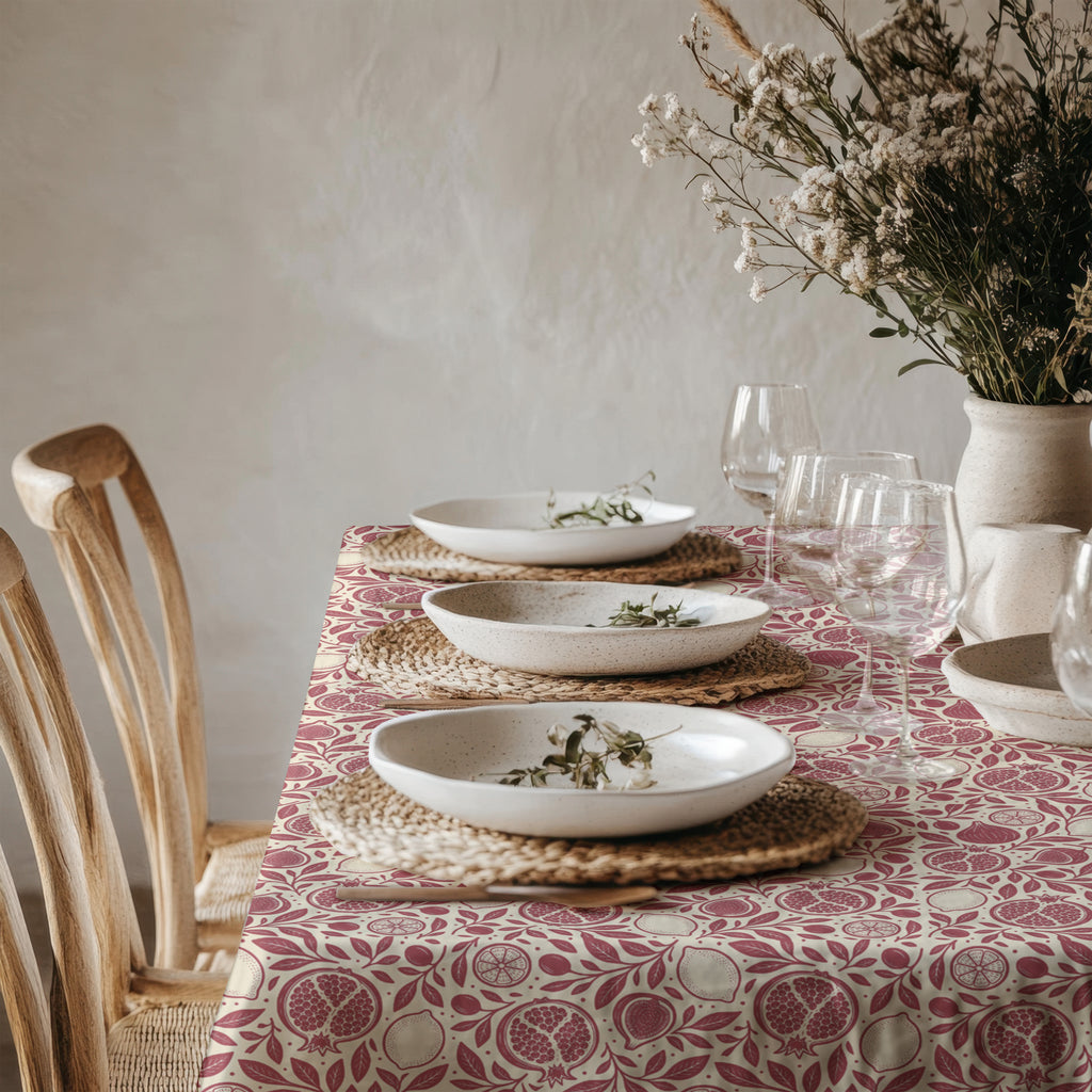Decorative Mediterranean fruit tablecloth in pomegranate red and warm cream