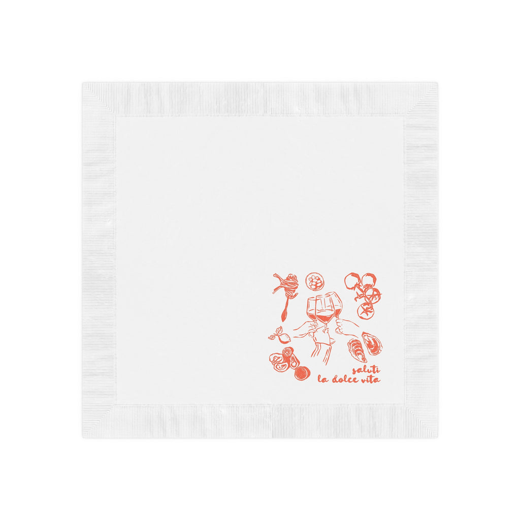 Close-up of a premium white coined-edge Italian Summer Party napkin with personalized names and celebration date.