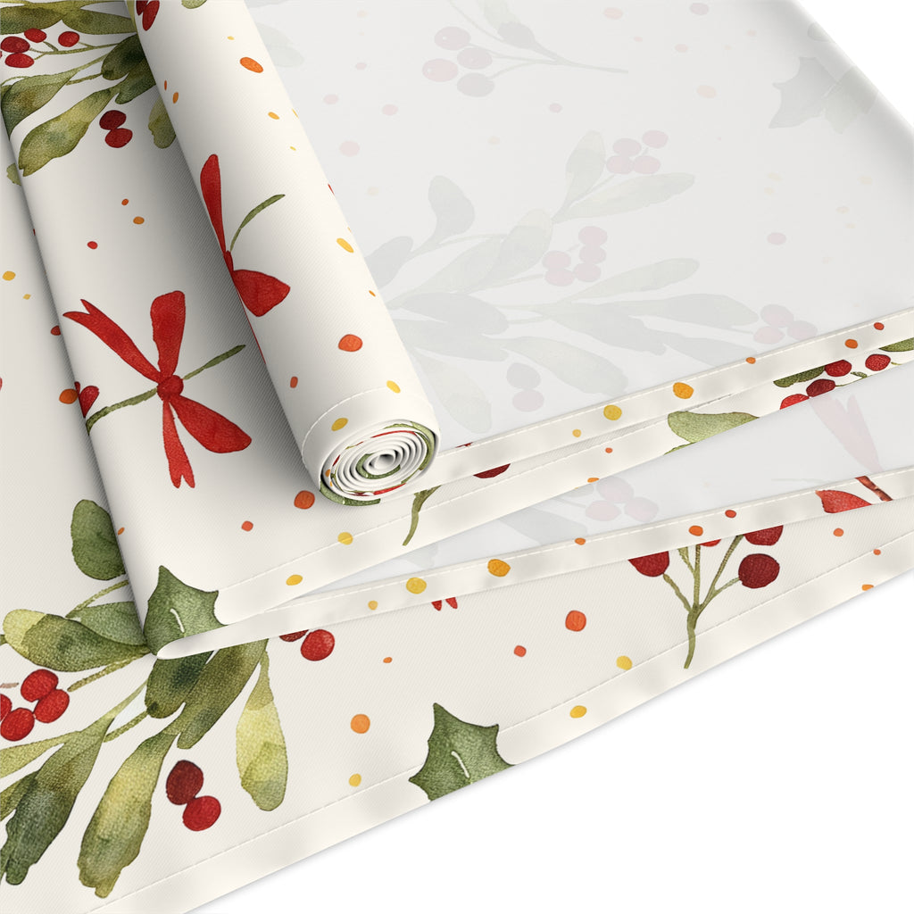Close-up of Polyester watercolour mistletoe pattern on Christmas table runner