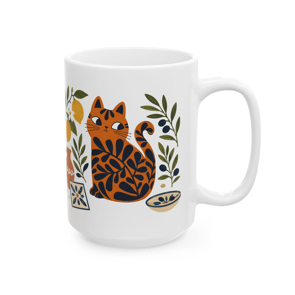 Cute Mediterranean cat mug displayed in a modern kitchen with lemons and coastal-inspired artwork.