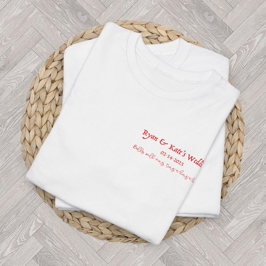 Front view of a personalised That's Amore wedding tee printed on a Gildan 5000 heavy cotton unisex t-shirt with custom bridal party details.