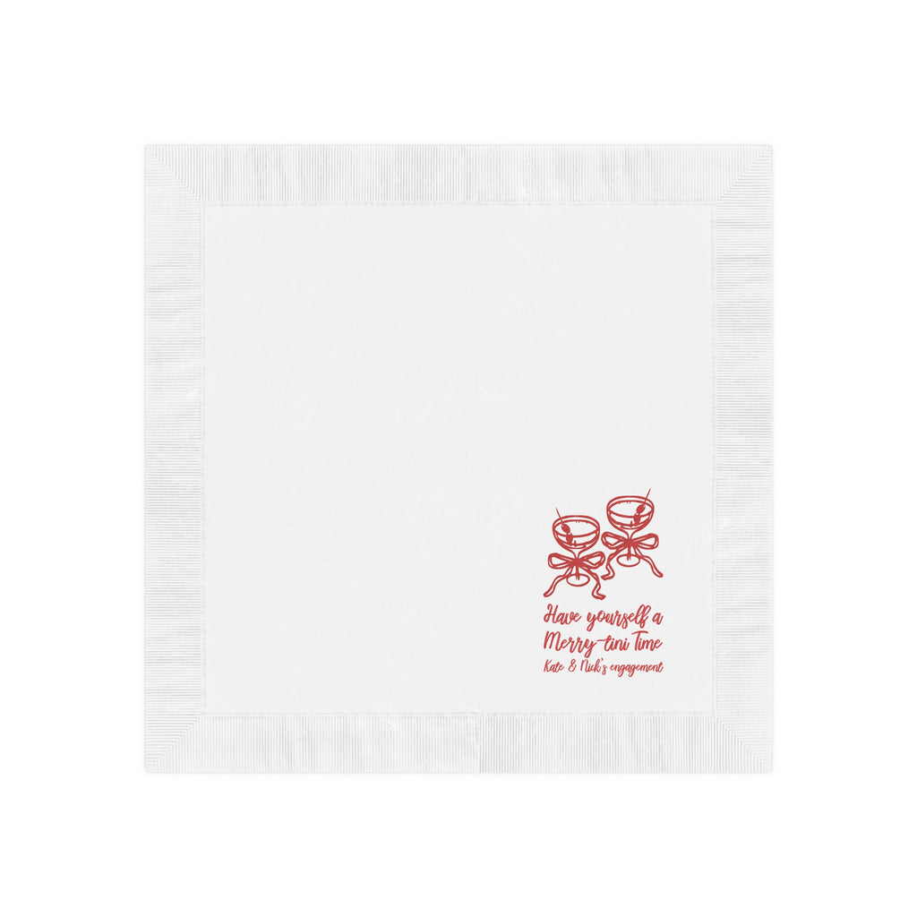 Personalized Christmas cocktail napkin with festive holiday artwork, perfect for a martini bar, Christmas dinner, or holiday gathering.