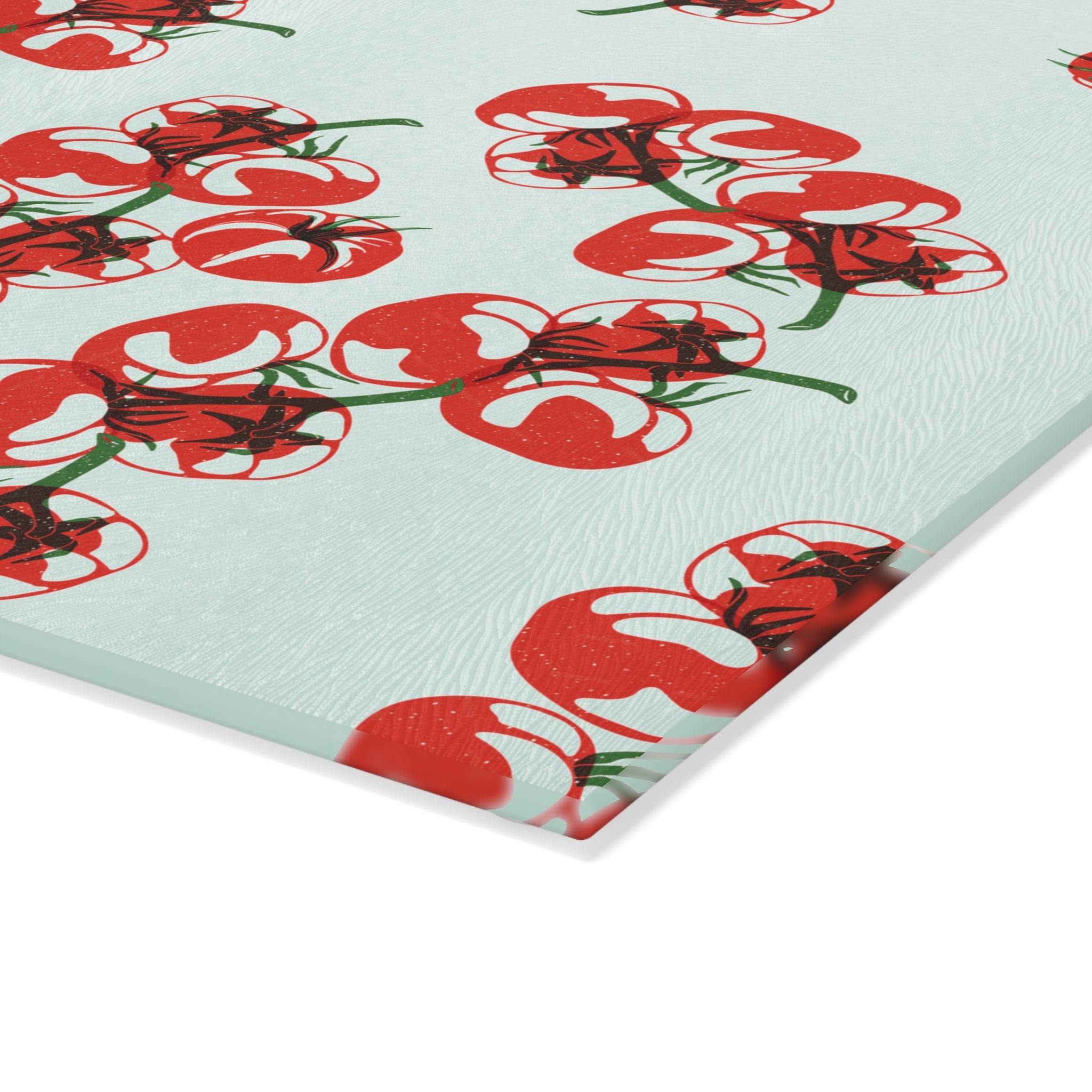 Large Tomato Block Print tempered glass cutting board in the 11 by 15 inch size