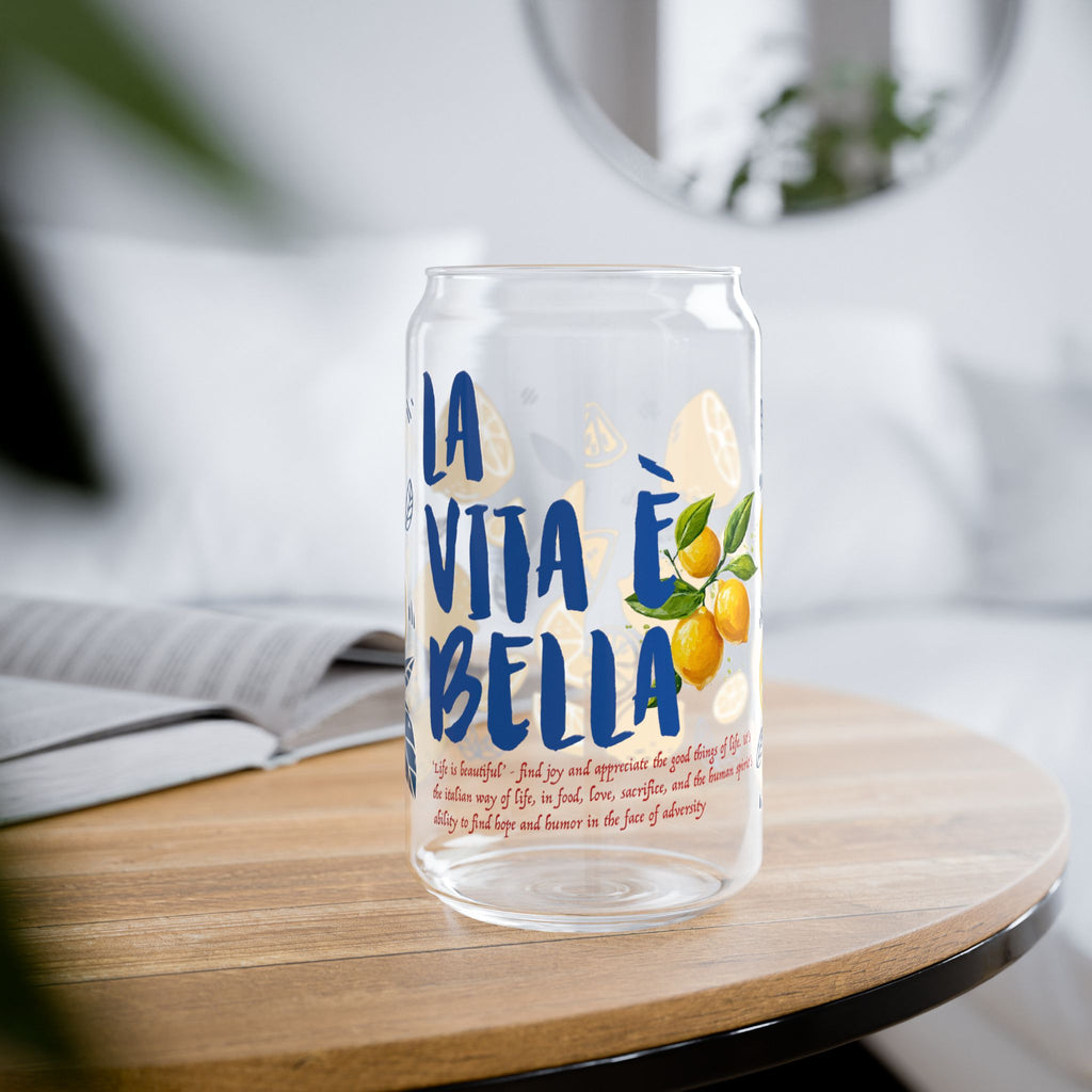 REBBELLA La Vita e Bella glass cup with hand-drawn lemon illustration and inspirational typography