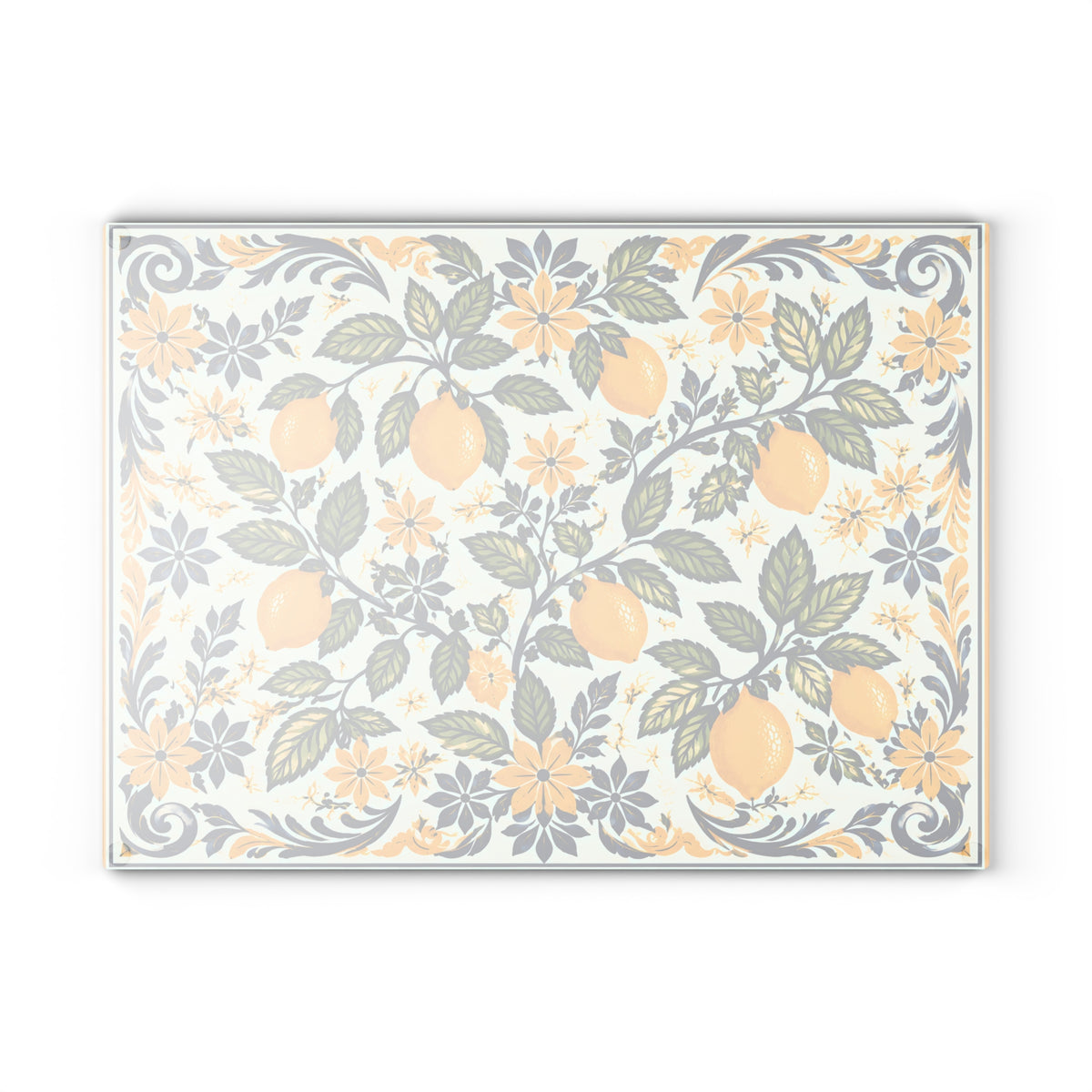 Bac of Colourful botanical lemon glass cutting board bringing sunny Italian coastal charm to the kitchen