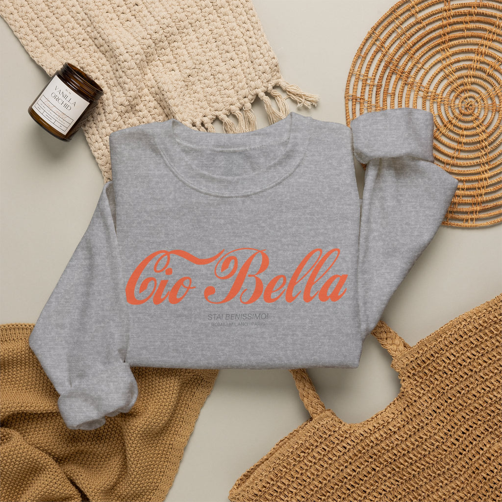 Close-up of folded Cio Bella Stai Benissimo graphic sweatshirt showing the vintage-inspired Italian fashion design