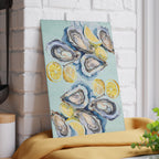 Coastal kitchen accessory with oyster shells, lemon slices and watercolor artwork printed on a durable glass cutting board