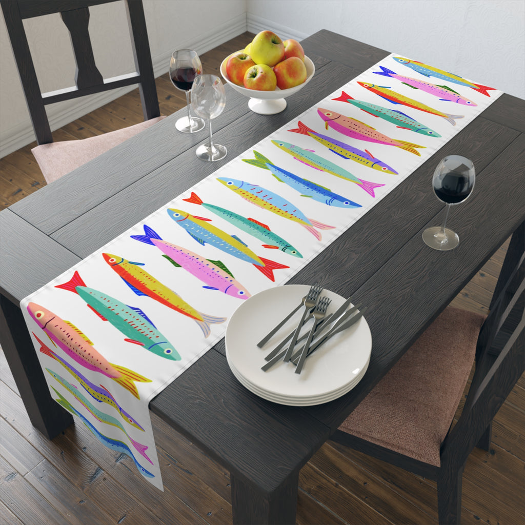 Colorful Sardine Illustration Table Runner – Bold Coastal Statement Table Linen
