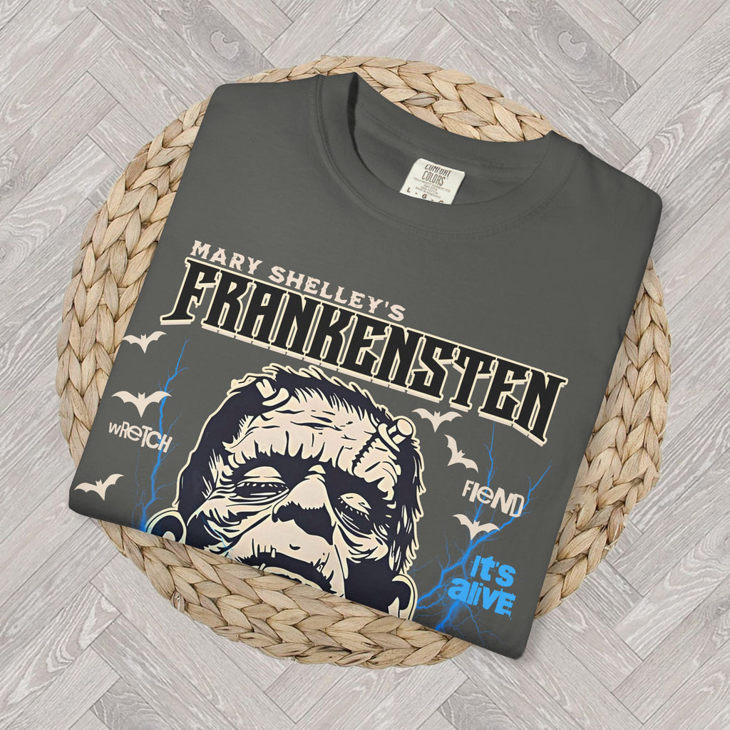 Vintage-inspired Frankenstein horror tee with gothic film artwork