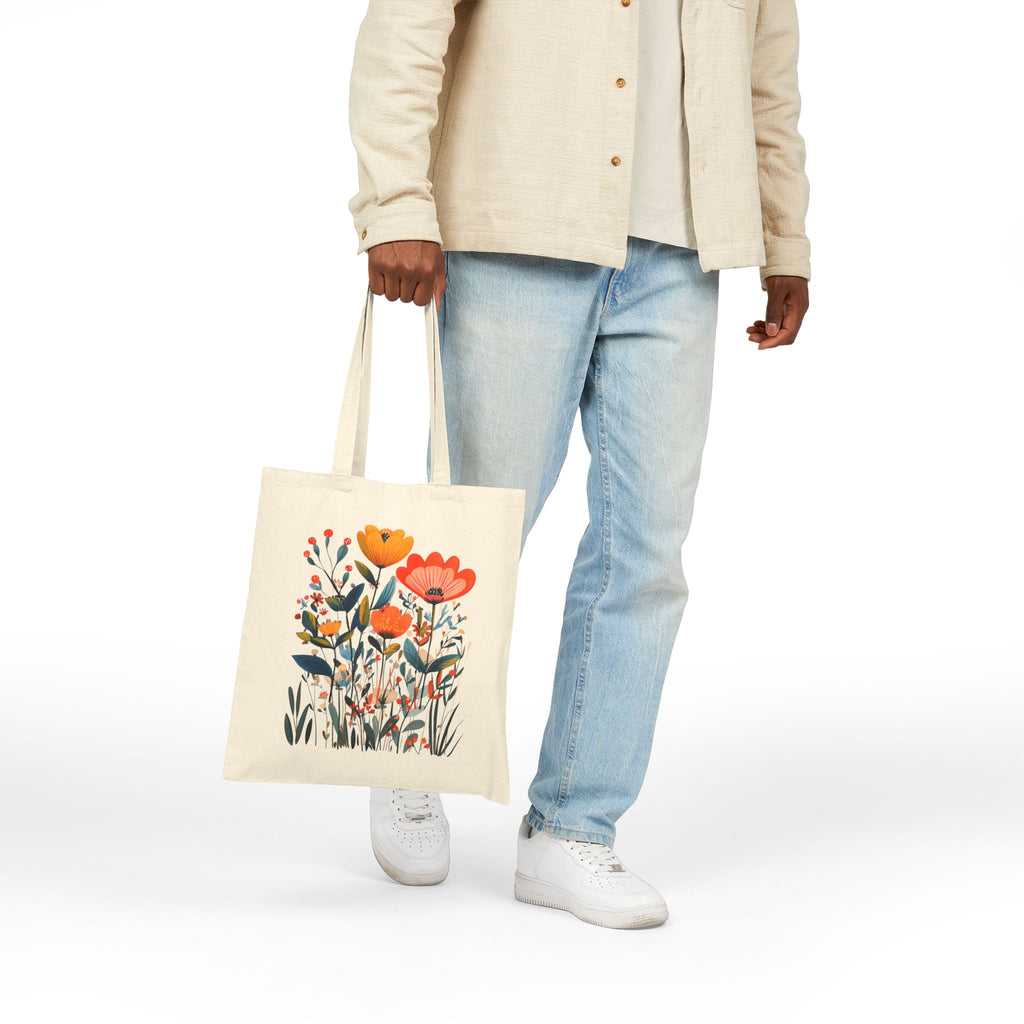 Abstract Wildflower Cotton Canvas Tote Bag | Mediterranean Botanical Floral Shopping Bag | Reusable Eco Tote | Natural & Black Canv