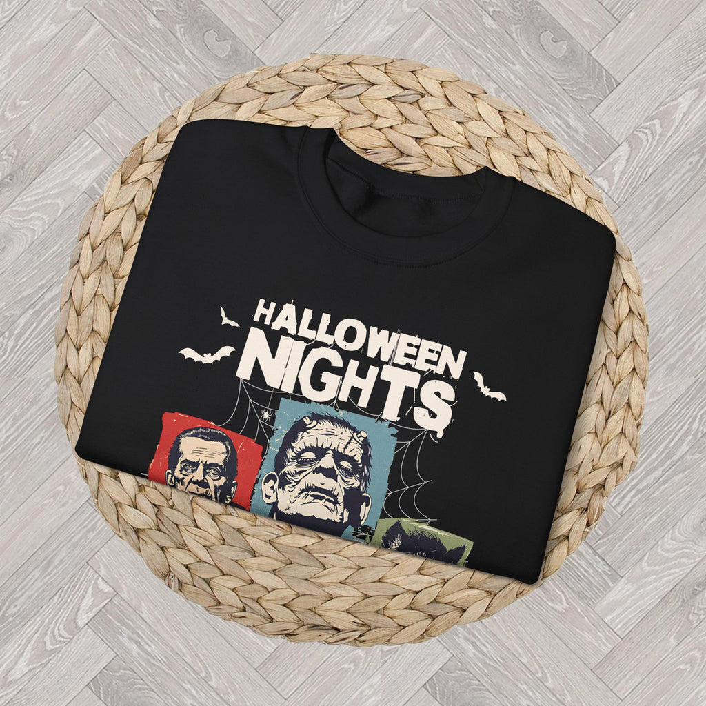 Detailed view of the Horror Nights graphic featuring three illustrated classic horror movie characters inspired by Dracula, Frankenstein and An American Werewolf in London.