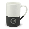 Close-up of the olive branch crest on a personalised ceramic mug, showcasing custom initials or name and memorable date.