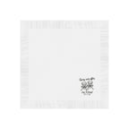Close-up of a premium white coined-edge wedding napkin featuring a custom Cheers to Ever After design with cocktail glasses.
