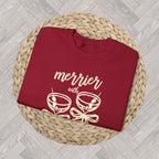 Detail Cardinal Red crewneck sweatshirt featuring the “Merrier with a Martini” funny Christmas cocktail design, holiday party apparel.