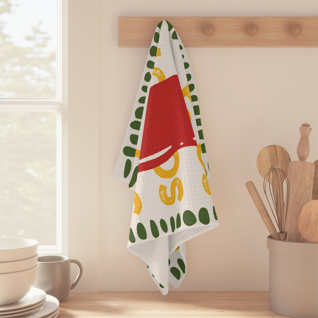 Bold illustrated chilli pepper tea towel with repeating So Hot typography, designed for modern kitchens.