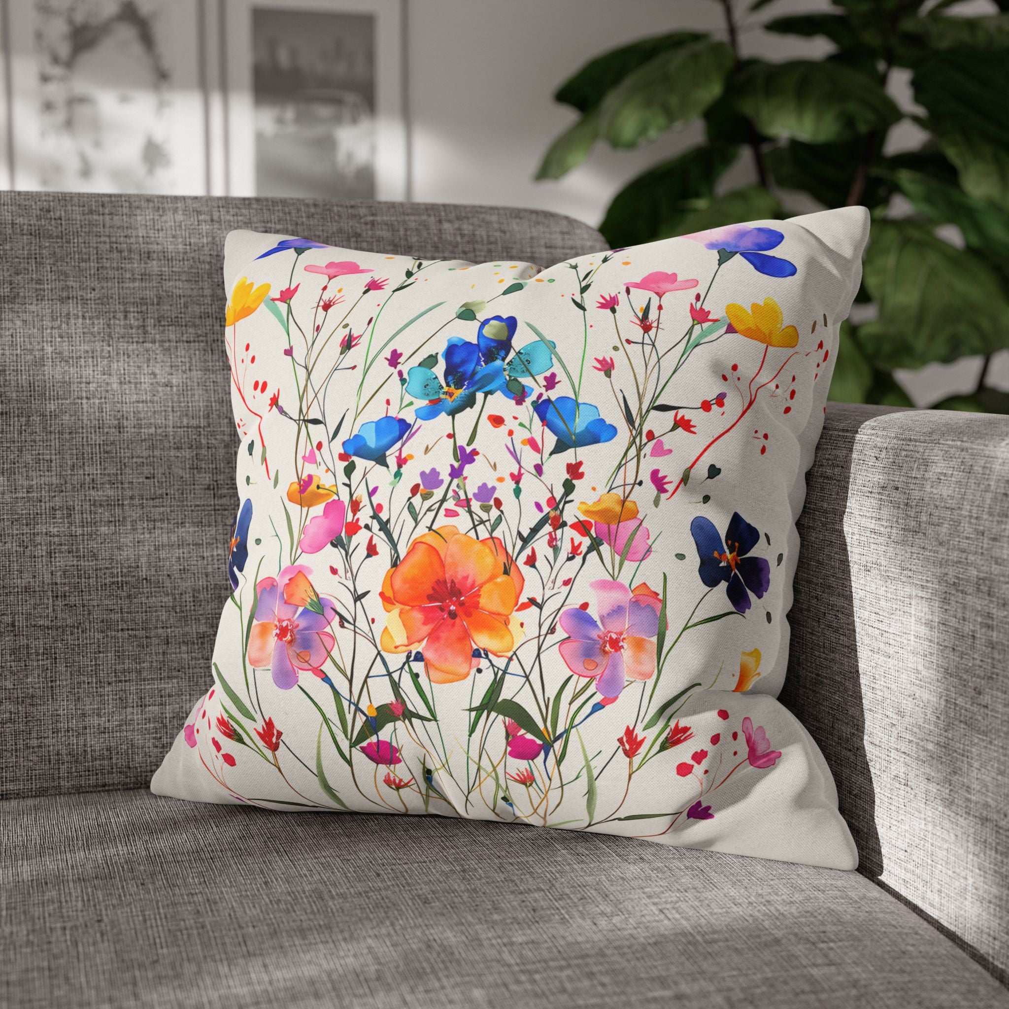 Elegant botanical throw pillow cover with double-sided floral print for spring and summer home styling.