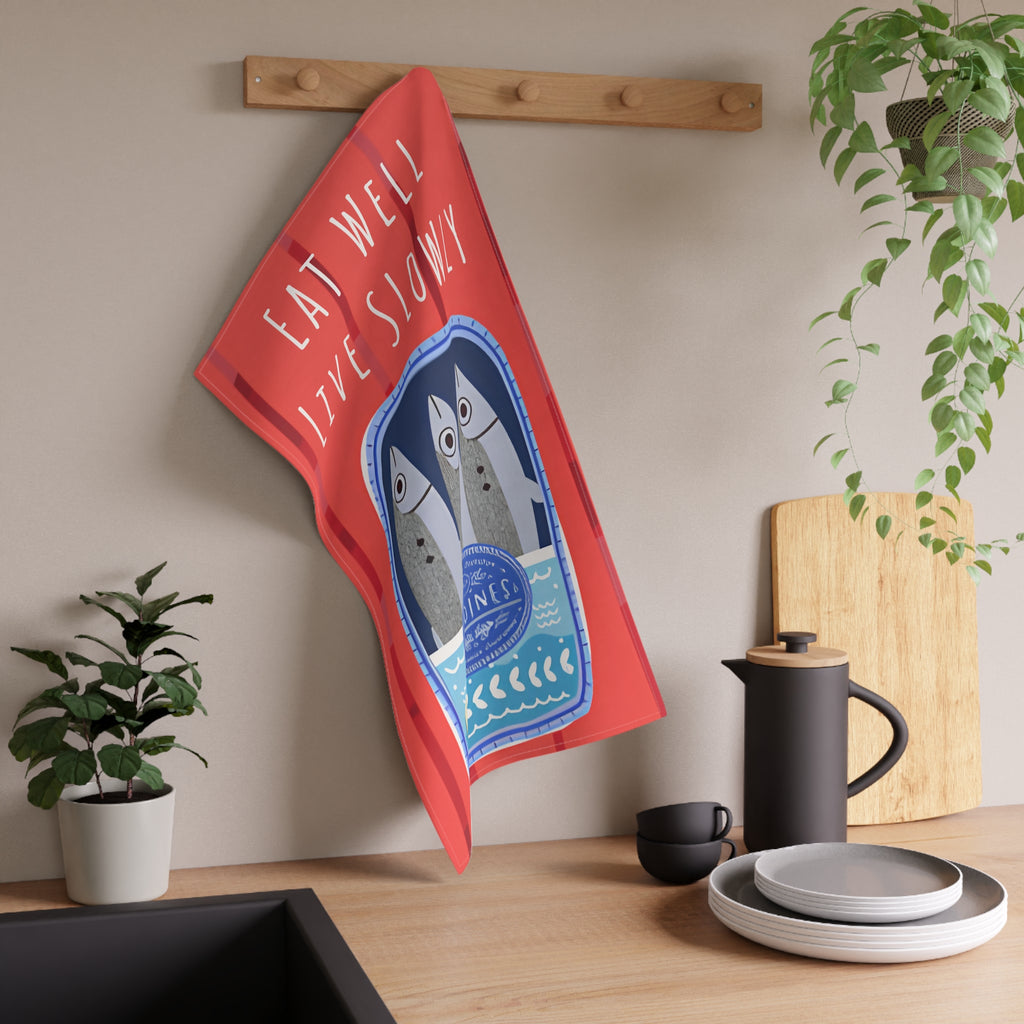Eat Well, Live Slowly Tea Towel – Italian Market Cotton Kitchen Towel | Fisherman's Aesthetic Sardines Decor, Mediterranean Foodie Gift