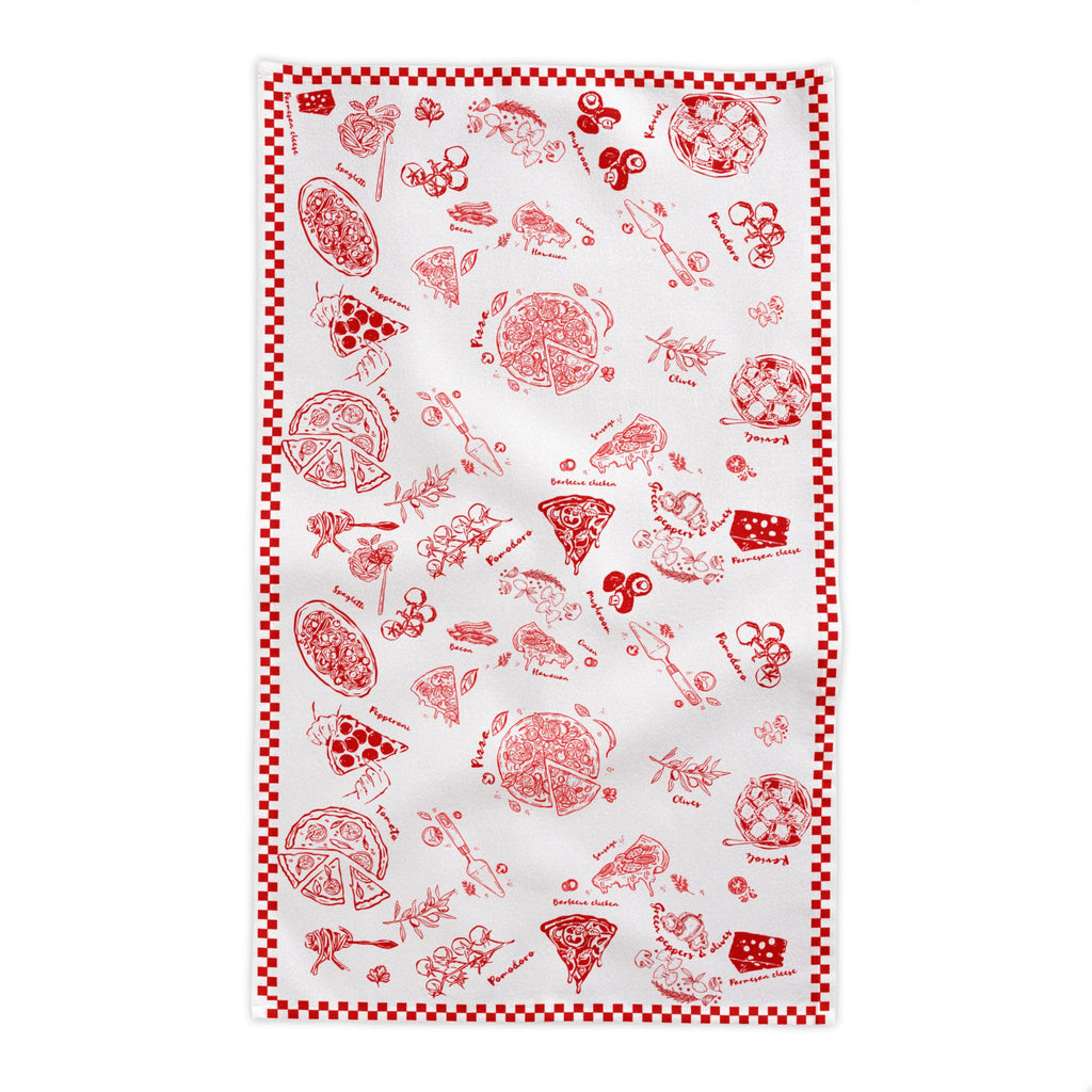 Hand-drawn pizza and pasta pattern tablecloth in cotton twill, perfect for food lovers, Italian weddings and summer entertaining.