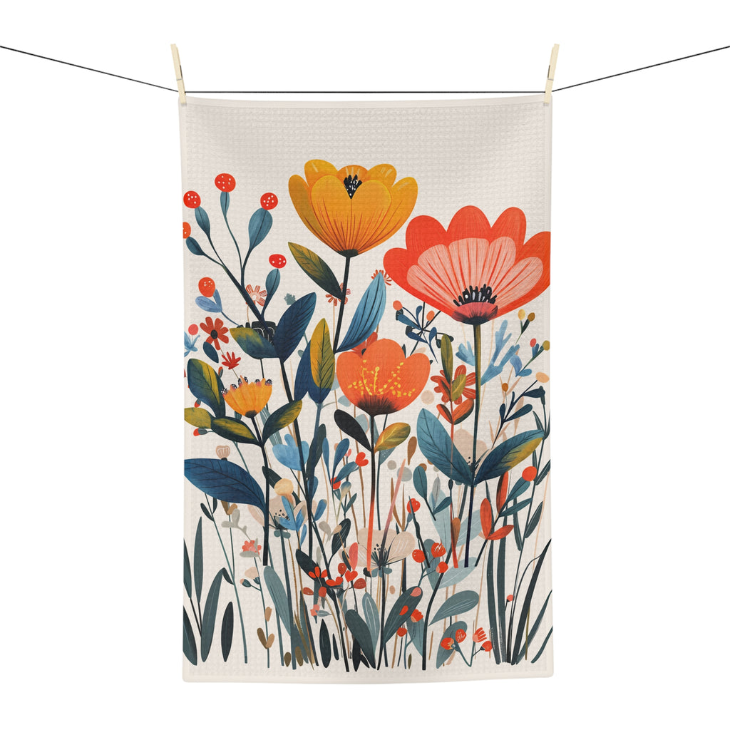 Premium botanical floral dish towel with colorful meadow flowers, perfect as a housewarming gift or cottage kitchen accessory.