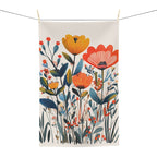 Premium botanical floral dish towel with colorful meadow flowers, perfect as a housewarming gift or cottage kitchen accessory.