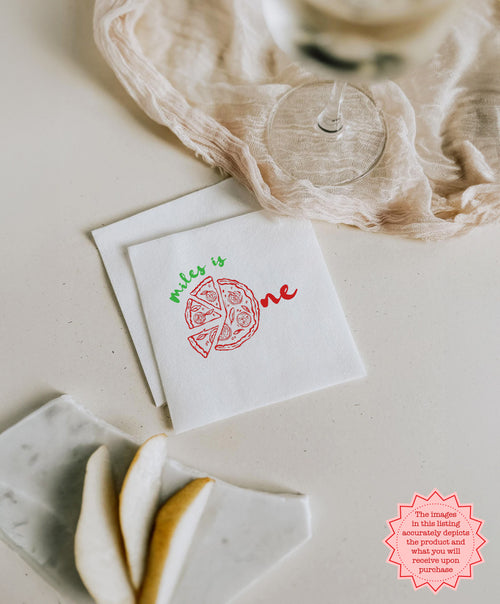 Custom first birthday napkin with a playful pizza design, personalized for a child's pizza party celebration.