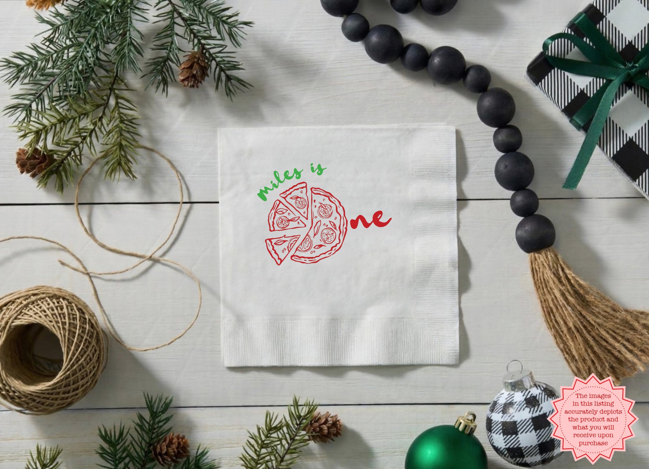Personalized pizza party cocktail napkin for a first birthday featuring a custom name and special birthday date.