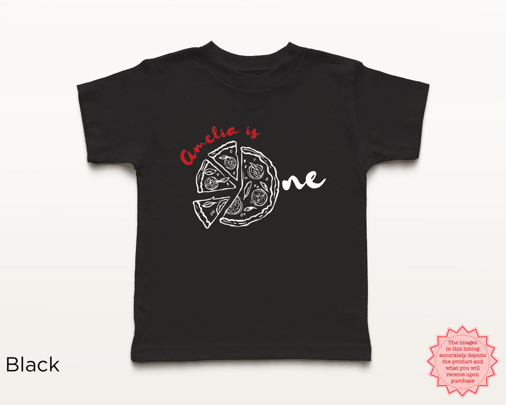 Black toddler birthday t-shirt with personalized ‘Amelia is One’ pizza graphic in red and white, Italian pizza party theme custom first birthday shirt for kids.