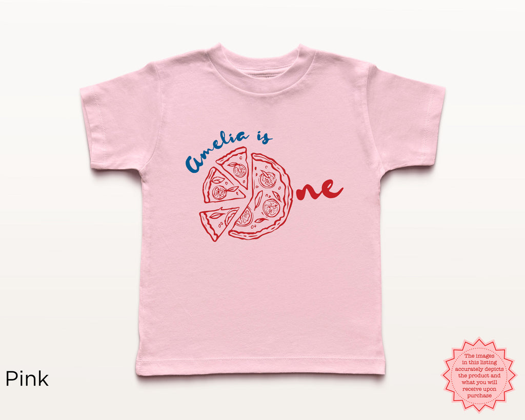 Pink toddler birthday t-shirt featuring personalized ‘Amelia is One’ pizza design in red and blue, cute Italian pizza party shirt for first birthday celebration.