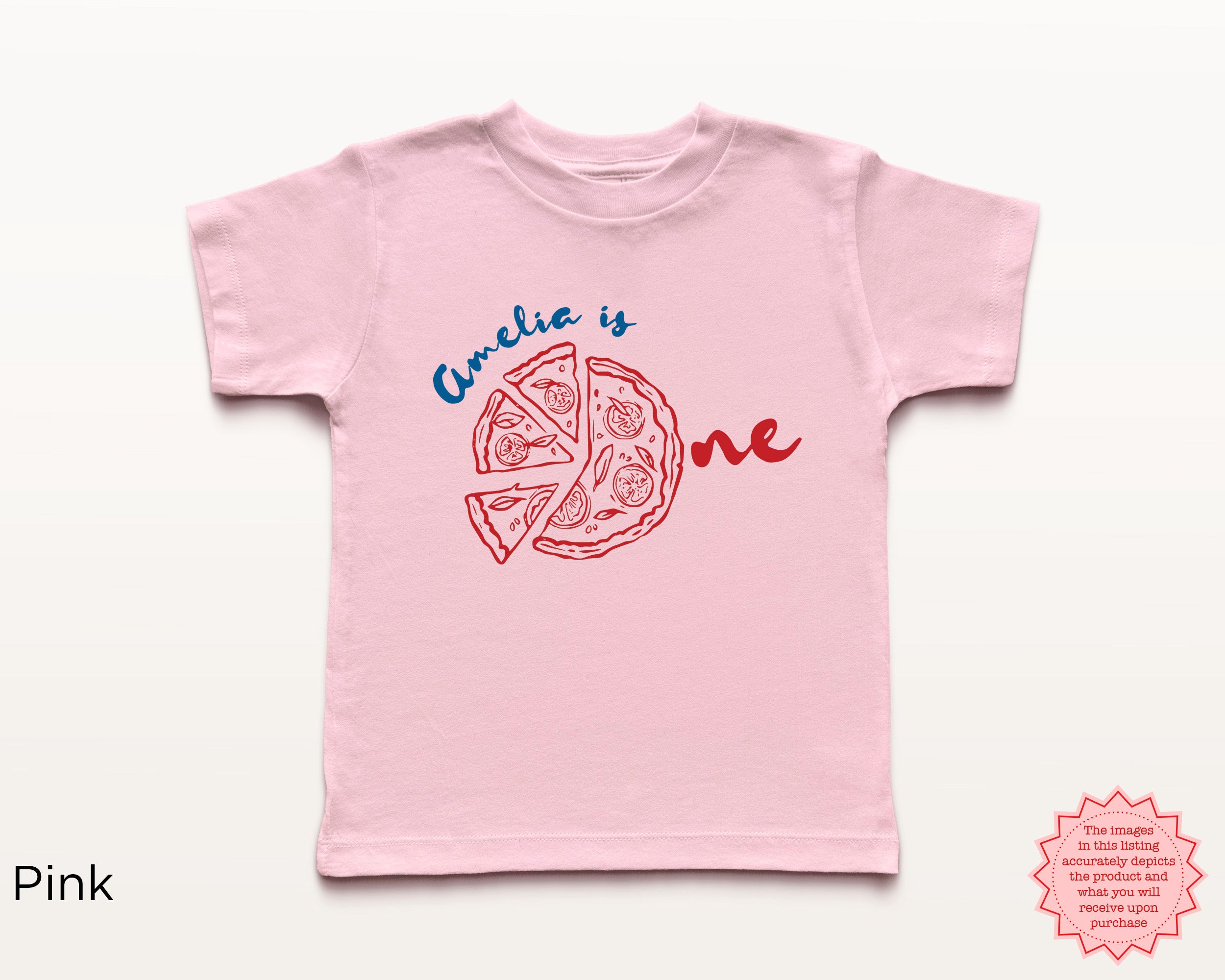 Pink toddler birthday t-shirt featuring personalized ‘Amelia is One’ pizza design in red and blue, cute Italian pizza party shirt for first birthday celebration.