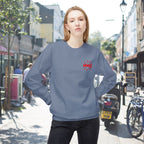Front view of More Amore Por Favour colourful graphic sweatshirt in Stone Blue with a small upper left chest heart and colourful back artwork.