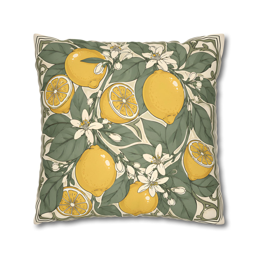 Mediterranean Lemon Faux Suede Cushion | Citrus Botanical Decorative Throw Pillow | Coastal Home Décor
