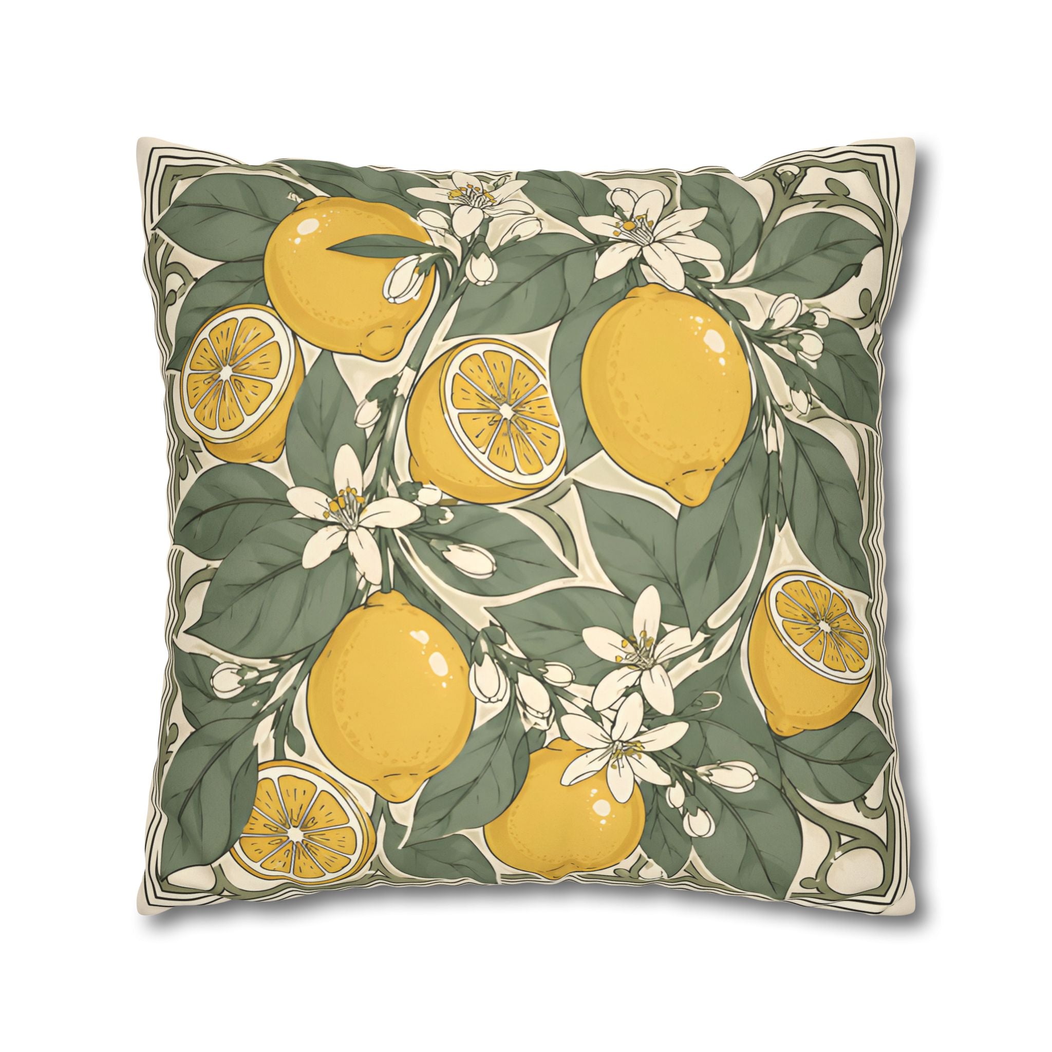 Mediterranean Lemon Faux Suede Cushion | Citrus Botanical Decorative Throw Pillow | Coastal Home Décor