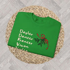 Close-up of the funny Christmas sweatshirt graphic featuring reindeer names mixed with vodka, whiskey and tequila in playful cream script.