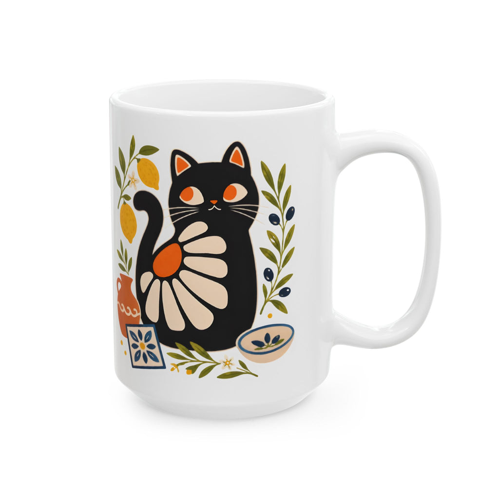 Artistic black cat ceramic coffee mug featuring lemon and olive illustrations inspired by Mediterranean décor