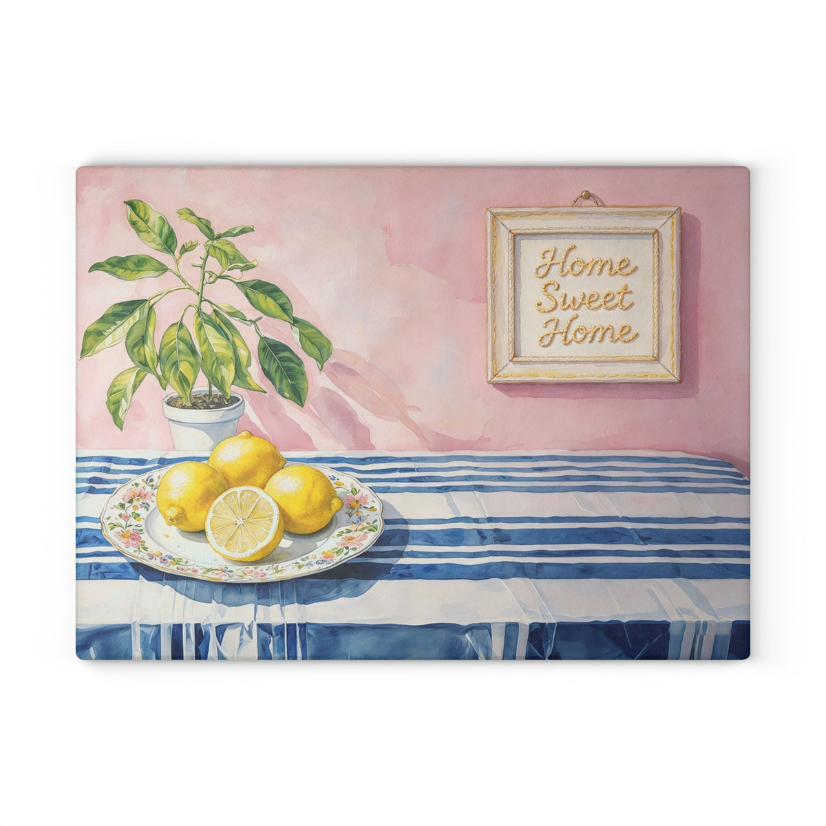 Watercolor lemon glass chopping board with Mediterranean-inspired artwork for a colourful kitchen.
