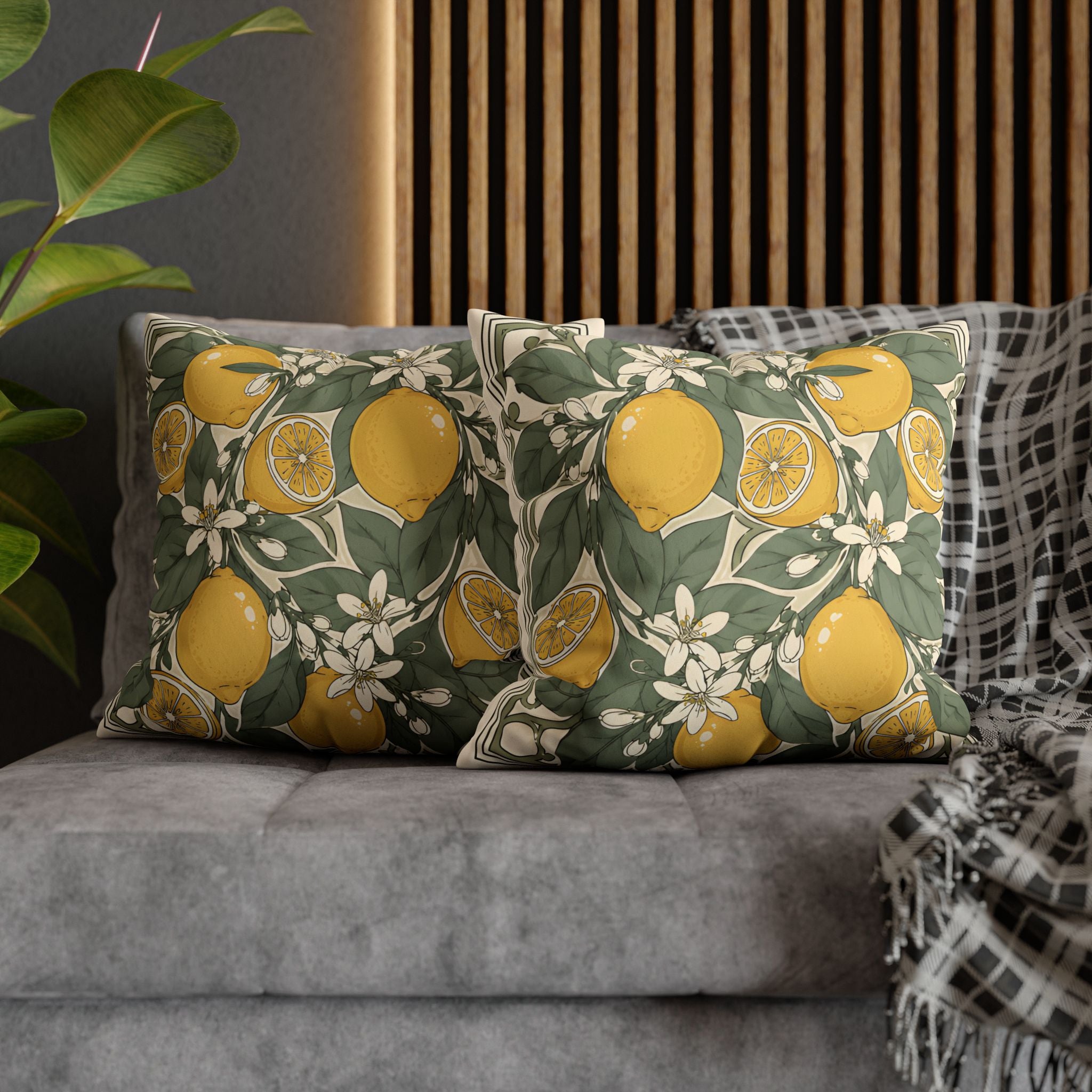 Mediterranean Lemon Faux Suede Cushion | Citrus Botanical Decorative Throw Pillow | Coastal Home Décor