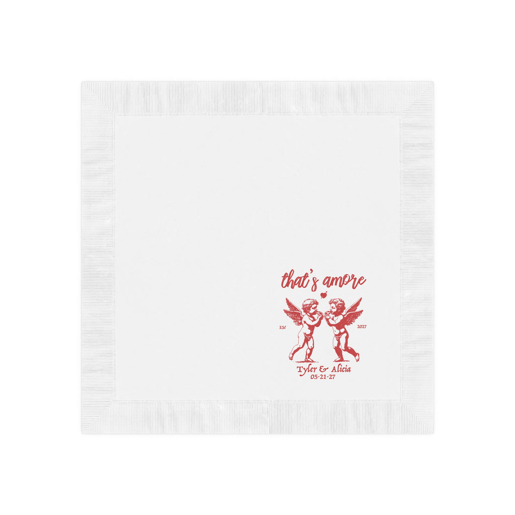 Elegant white coined-edge wedding napkins with romantic cherub artwork and custom names for wedding table décor.