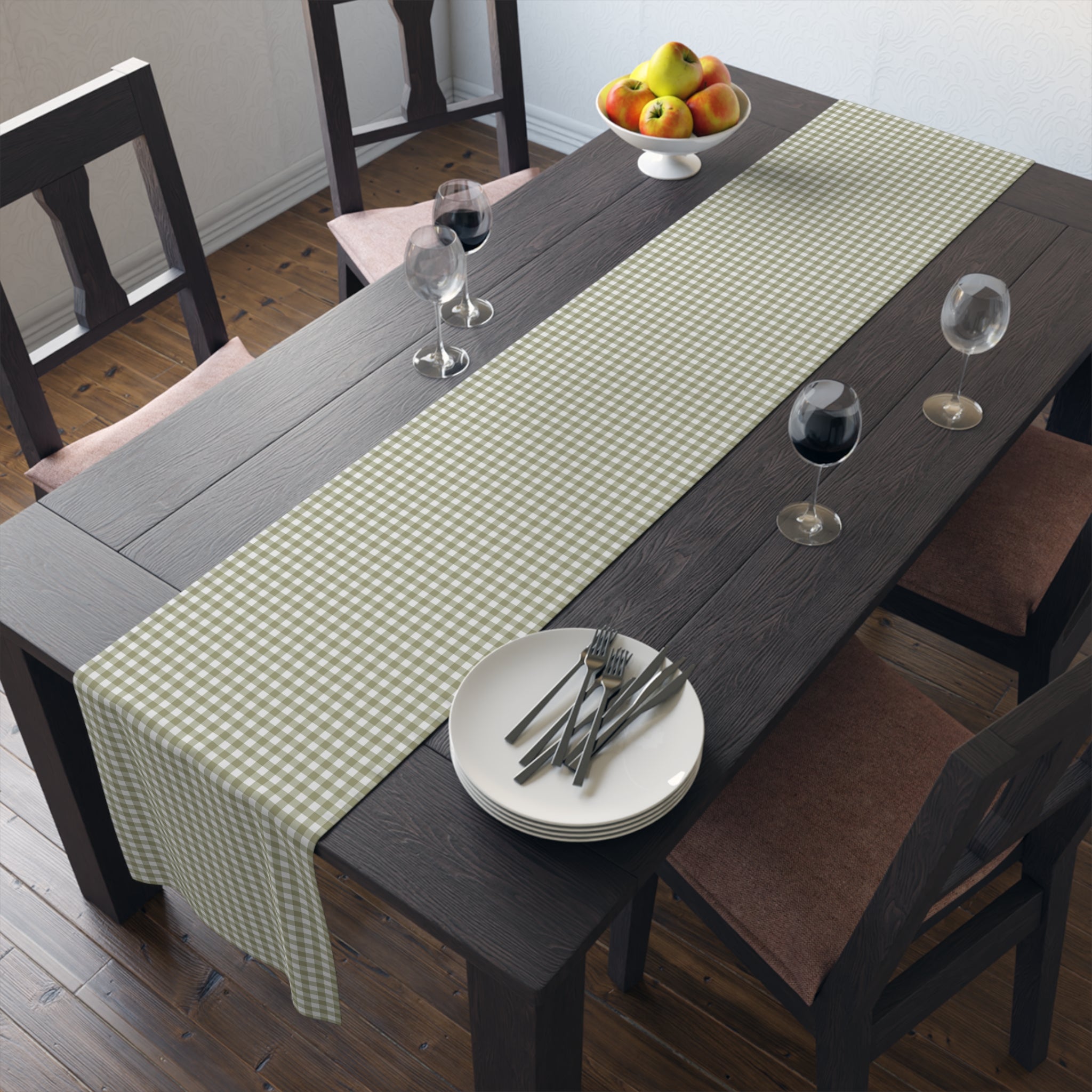 Sage Green Gingham Table Runner – Classic Checkered Farmhouse Table Linen, Cotton Twill or Polyester