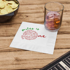 Custom kids' birthday napkin with a fun pizza illustration, personalized for a first birthday celebration and party table.