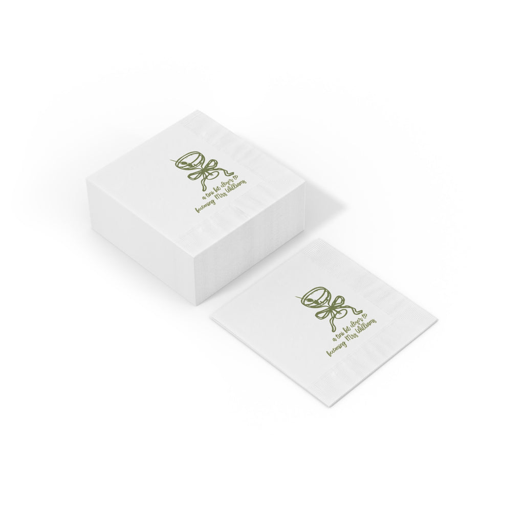 Custom martini-themed paper napkin with personalized event details, designed for cocktail parties, weddings, and bachelorette celebrations.