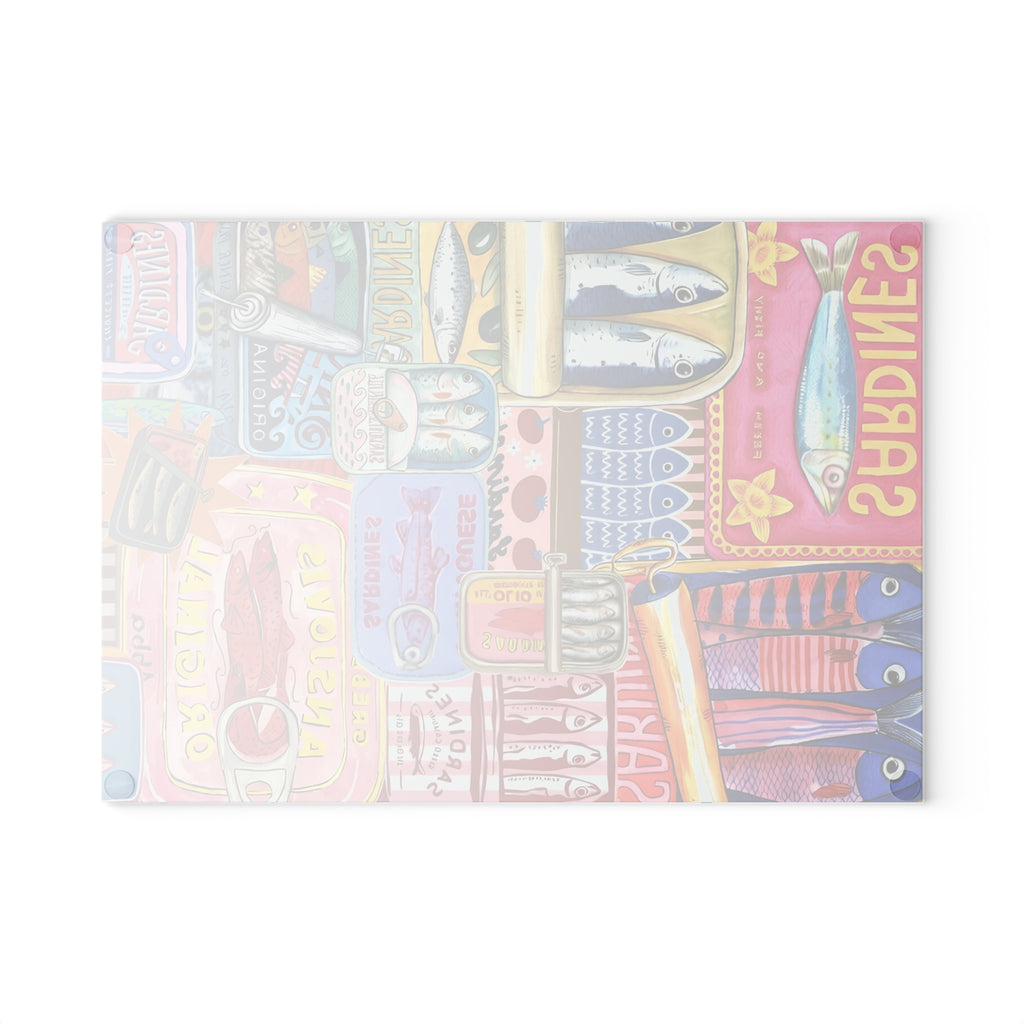 Back of Sardines glass cutting board styled with Mediterranean coastal kitchen decor and fisherman-inspired artwork