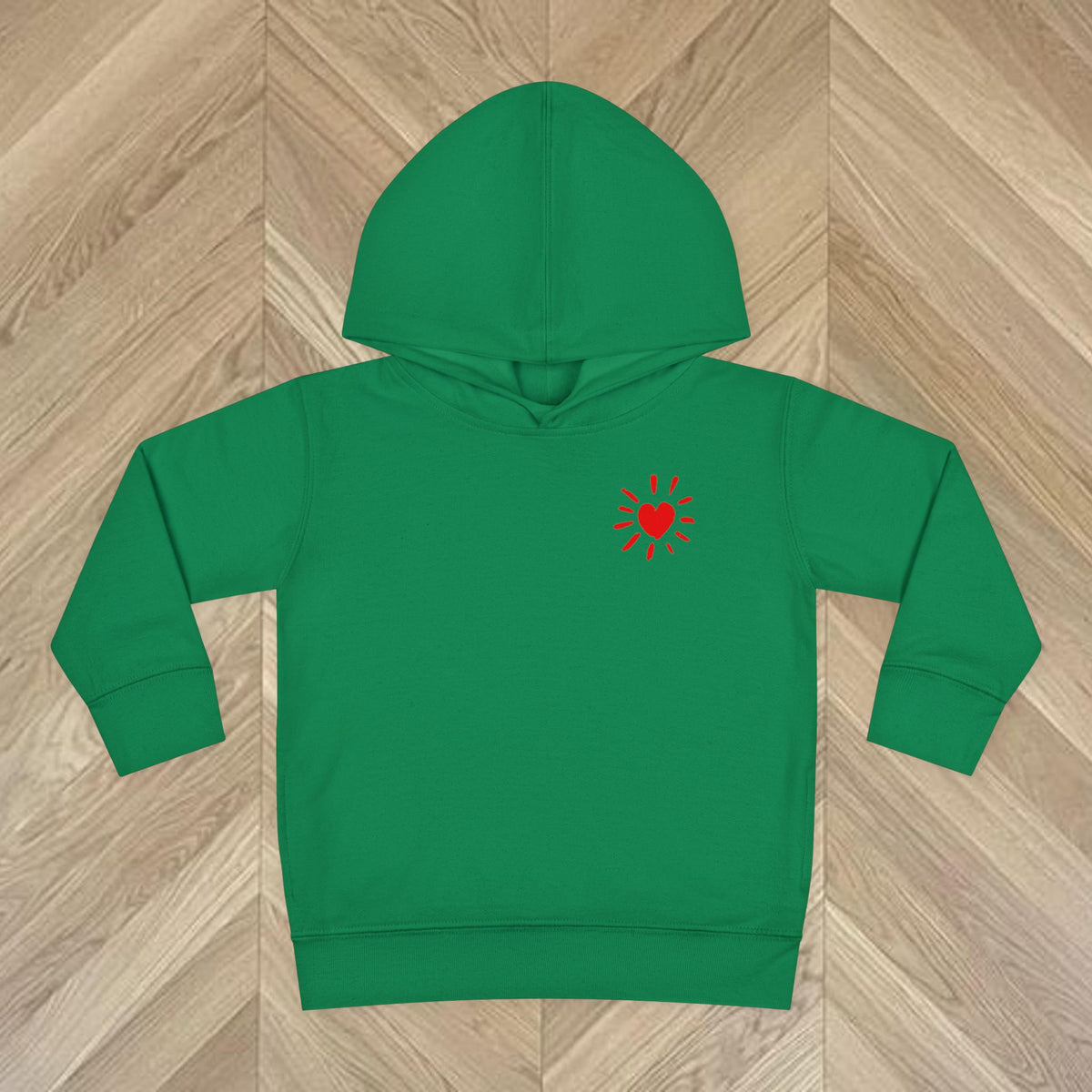 Front of colourful 'More Amore por favour' text print on back of toddler hoodie, vibrant lettering kids clothing