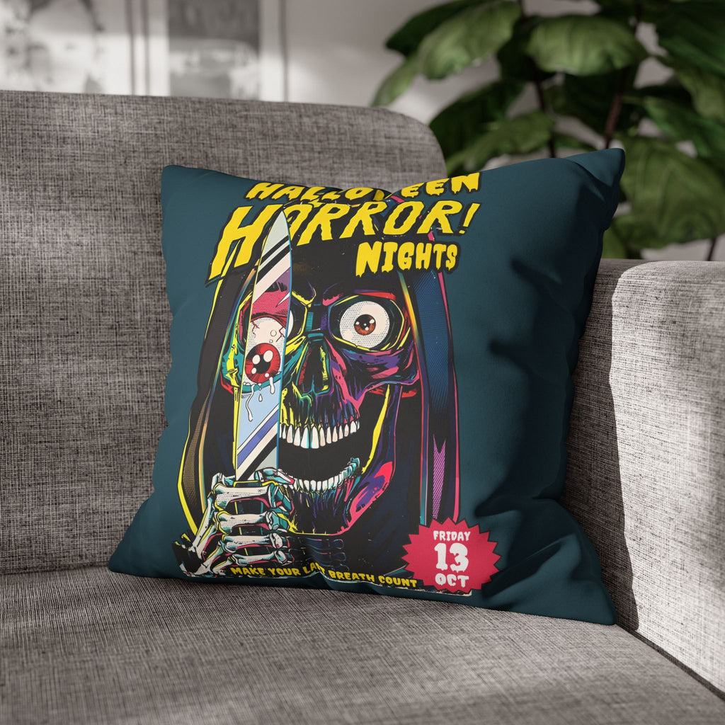 Halloween Horror and Scream-inspired decorative pillow displayed on a modern grey sofa