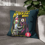 Halloween Horror and Scream-inspired decorative pillow displayed on a modern grey sofa