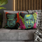 Double-sided Frankenstein and Bride of Frankenstein cushion cover in vibrant vintage-inspired horror artwork