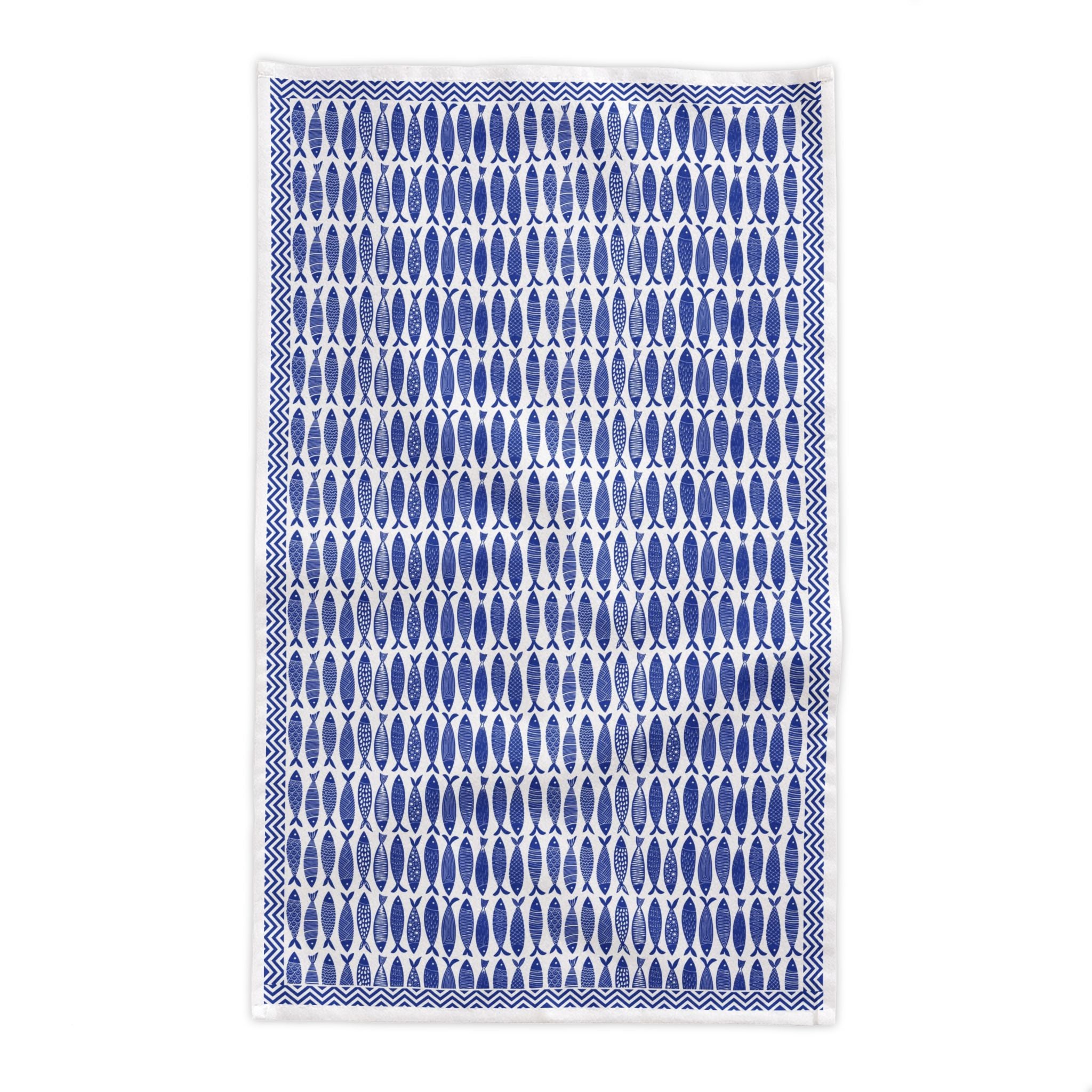 Blue Fish Cotton Tablecloth – Coastal Nautical Table Linen, Scandinavian Folk Fish Pattern Dining Decor
