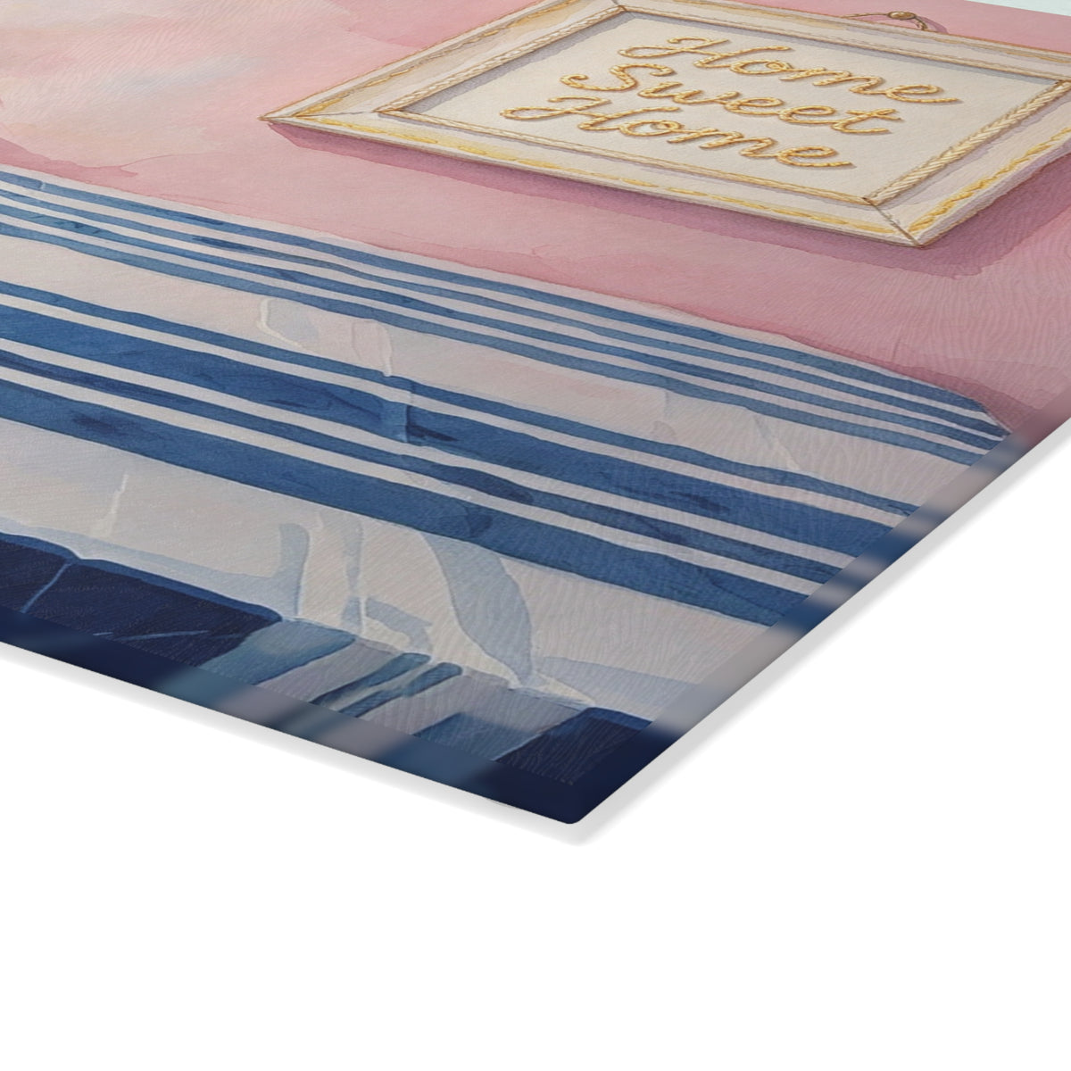 Close-up of the watercolor lemon illustration on a glass cutting board with detailed foliage and blue stripes.