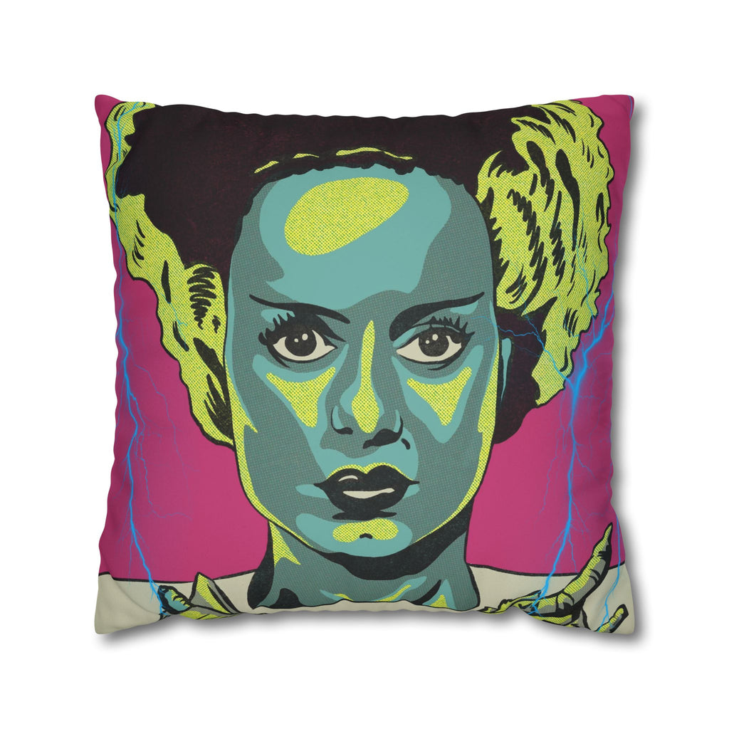 Frankenstein and Bride of Frankenstein decorative cushion displayed with colourful gothic artwork