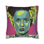 Frankenstein and Bride of Frankenstein decorative cushion displayed with colourful gothic artwork